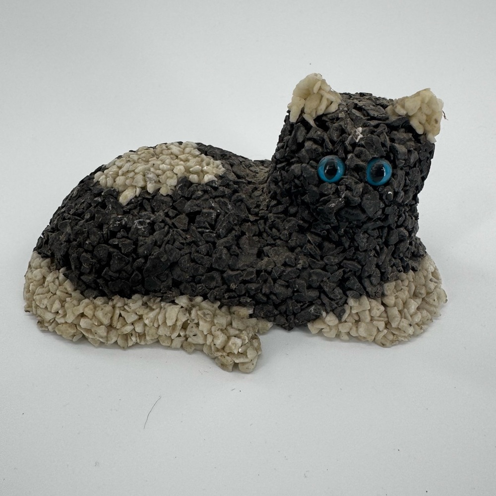 Vintage Cat Statue Black White Gravel Art Blue Eyes Sculpture Figurine‎ Kitten